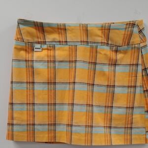 *NEW* PREPPY PLAID STRAIGHT STRETCHY MINI SKORT ORANGE AQUA WOMEN'S sz P. LARGE